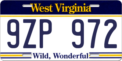 WV license plate 9ZP972