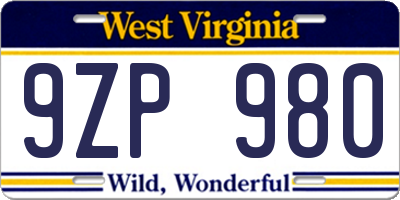 WV license plate 9ZP980