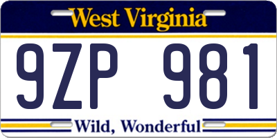 WV license plate 9ZP981