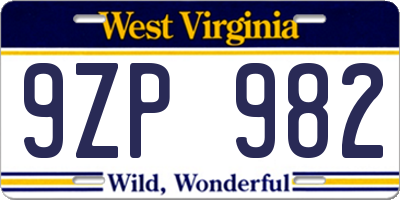 WV license plate 9ZP982