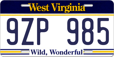 WV license plate 9ZP985