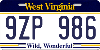 WV license plate 9ZP986