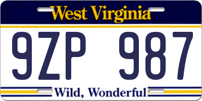 WV license plate 9ZP987