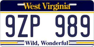 WV license plate 9ZP989