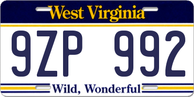 WV license plate 9ZP992