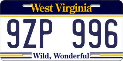 WV license plate 9ZP996