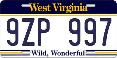 WV license plate 9ZP997