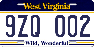 WV license plate 9ZQ002