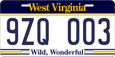 WV license plate 9ZQ003