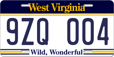 WV license plate 9ZQ004