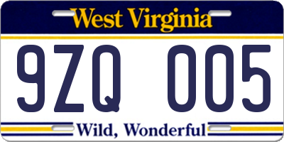 WV license plate 9ZQ005