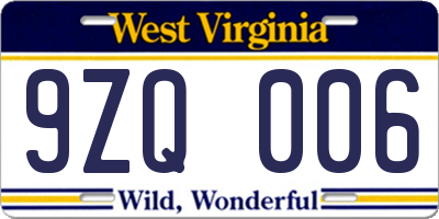 WV license plate 9ZQ006