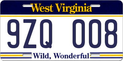 WV license plate 9ZQ008