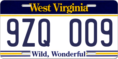 WV license plate 9ZQ009