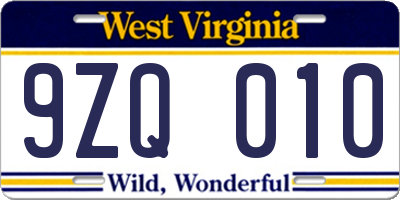 WV license plate 9ZQ010