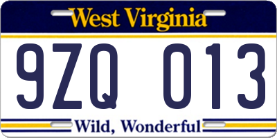 WV license plate 9ZQ013
