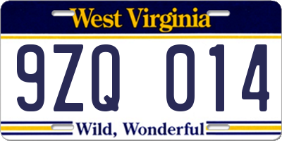 WV license plate 9ZQ014