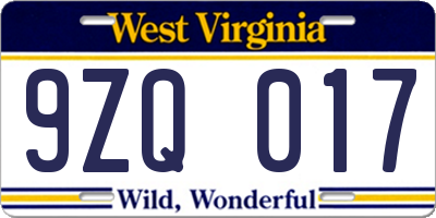 WV license plate 9ZQ017
