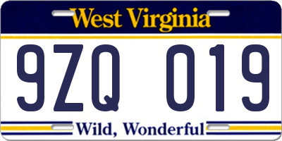 WV license plate 9ZQ019