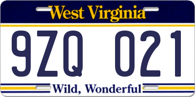 WV license plate 9ZQ021