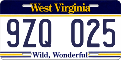 WV license plate 9ZQ025