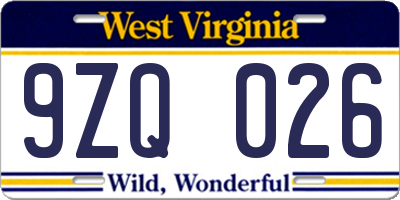 WV license plate 9ZQ026