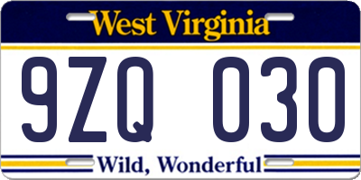 WV license plate 9ZQ030