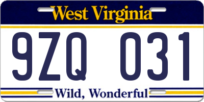 WV license plate 9ZQ031