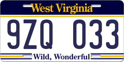 WV license plate 9ZQ033