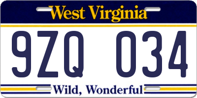 WV license plate 9ZQ034