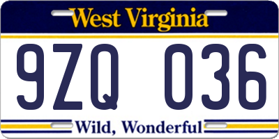 WV license plate 9ZQ036