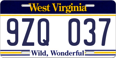 WV license plate 9ZQ037