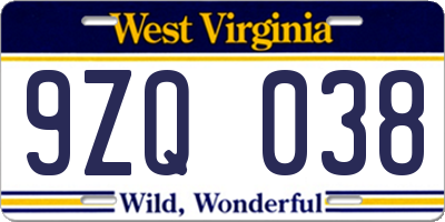 WV license plate 9ZQ038