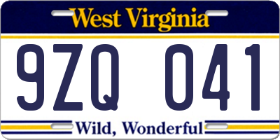 WV license plate 9ZQ041