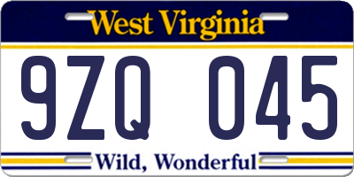 WV license plate 9ZQ045