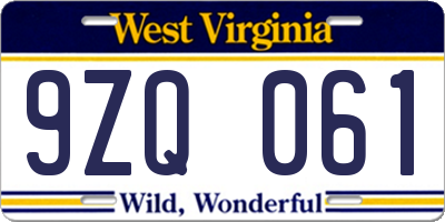 WV license plate 9ZQ061