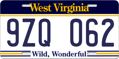 WV license plate 9ZQ062