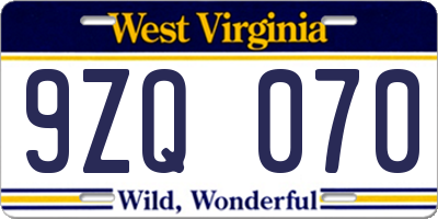 WV license plate 9ZQ070