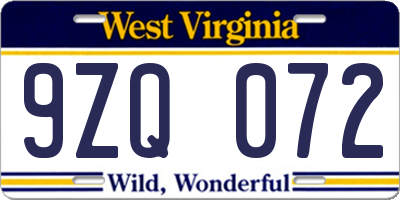 WV license plate 9ZQ072