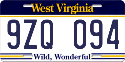 WV license plate 9ZQ094