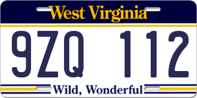 WV license plate 9ZQ112