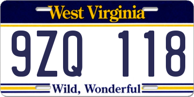 WV license plate 9ZQ118