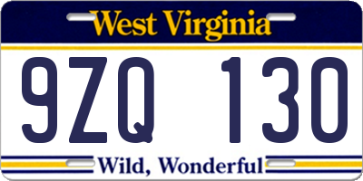 WV license plate 9ZQ130