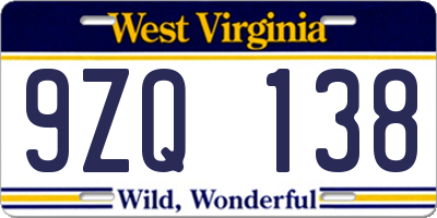 WV license plate 9ZQ138