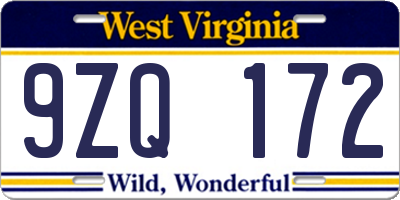 WV license plate 9ZQ172
