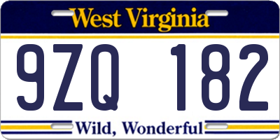 WV license plate 9ZQ182