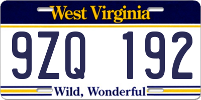 WV license plate 9ZQ192