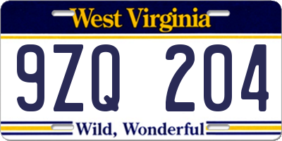 WV license plate 9ZQ204