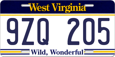 WV license plate 9ZQ205