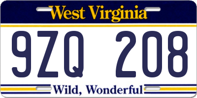 WV license plate 9ZQ208